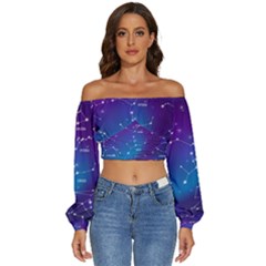 Realistic Night Sky With Constellations Long Sleeve Crinkled Weave Crop Top