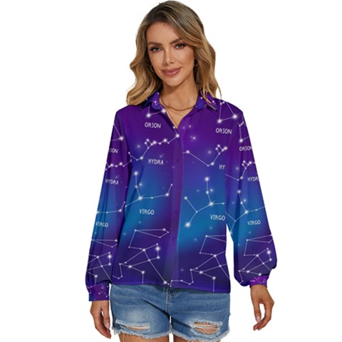 Realistic Night Sky With Constellations Women s Long Sleeve Button Up Shirt by Cowasu