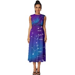 Realistic Night Sky With Constellations Sleeveless Round Neck Midi Dress by Cowasu