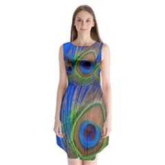 Blue Peacock Feather Sleeveless Chiffon Dress  