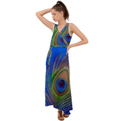 Blue Peacock Feather V-neck Chiffon Maxi Dress