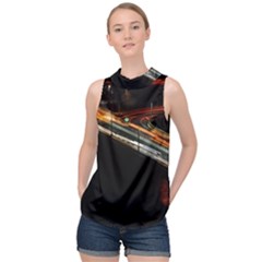 Highway Night Lighthouse Car Fast High Neck Satin Top by Amaryn4rt