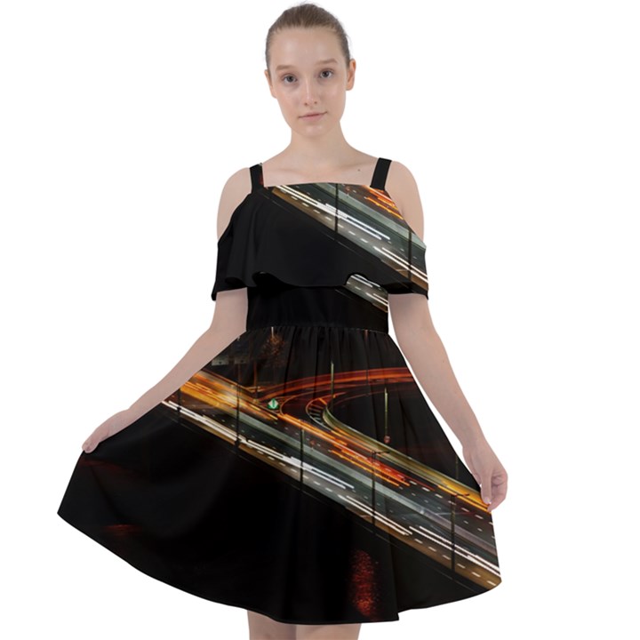 Highway Night Lighthouse Car Fast Cut Out Shoulders Chiffon Dress