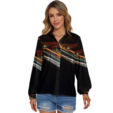 Highway Night Lighthouse Car Fast Women s Long Sleeve Button Up Shirt by Amaryn4rt