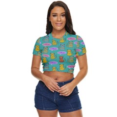 Meow Cat Pattern Side Button Cropped Tee by Amaryn4rt