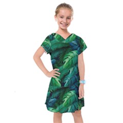 Tropical Green Leaves Background Kids  Drop Waist Dress by Amaryn4rt