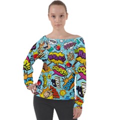 Comic Elements Colorful Seamless Pattern Off Shoulder Long Sleeve Velour Top by Amaryn4rt