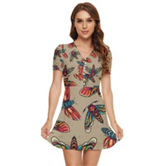 Tattoos Colorful Seamless Pattern V-neck High Waist Chiffon Mini Dress by Amaryn4rt