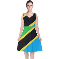 Flag Of Tanzania V-neck Midi Sleeveless Dress 
