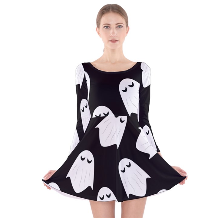 Ghost Halloween Pattern Long Sleeve Velvet Skater Dress