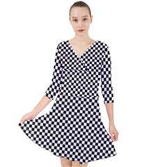 Black And White Checkerboard Background Board Checker Quarter Sleeve Front Wrap Dress by Amaryn4rt