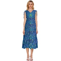 Amazing Peacock V-neck Drawstring Shoulder Sleeveless Maxi Dress by Simbadda