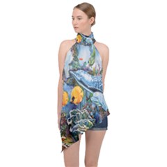 Colorful Aquatic Life Wall Mural Halter Asymmetric Satin Top by Simbadda