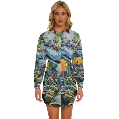 Colorful Aquatic Life Wall Mural Womens Long Sleeve Shirt Dress by Simbadda