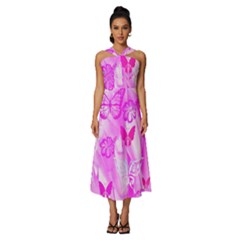 Butterfly Cut Out Pattern Colorful Colors Sleeveless Cross Front Cocktail Midi Chiffon Dress by Simbadda