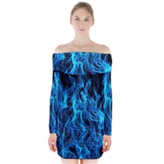 Digitally Created Blue Flames Of Fire Long Sleeve Off Shoulder Dress by Simbadda