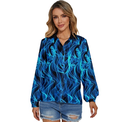 Digitally Created Blue Flames Of Fire Women s Long Sleeve Button Up Shirt by Simbadda
