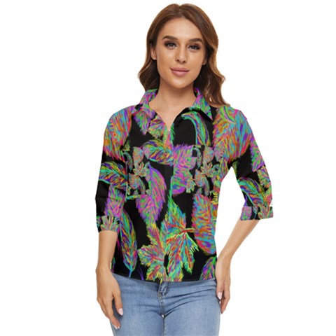 Autumn Pattern Dried Leaves Women s Quarter Sleeve Pocket Shirt by Simbadda