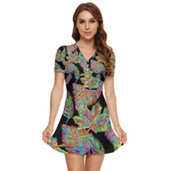 Autumn Pattern Dried Leaves V-neck High Waist Chiffon Mini Dress by Simbadda