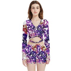 Paint Texture Purple Watercolor Velvet Wrap Crop Top And Shorts Set by Simbadda