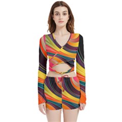 Abstract Colorful Background Wavy Velvet Wrap Crop Top and Shorts Set