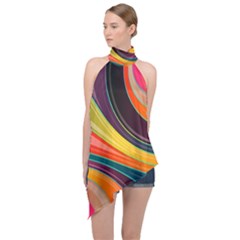 Abstract Colorful Background Wavy Halter Asymmetric Satin Top