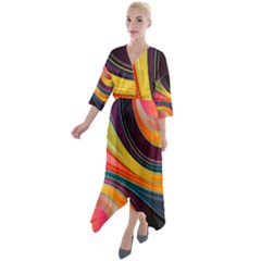 Abstract Colorful Background Wavy Quarter Sleeve Wrap Front Maxi Dress by Simbadda