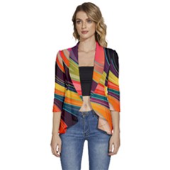 Abstract Colorful Background Wavy Women s 3/4 Sleeve Ruffle Edge Open Front Jacket