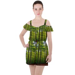 Green Forest Jungle Trees Nature Sunny Ruffle Cut Out Chiffon Playsuit by Ravend