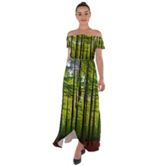 Green Forest Jungle Trees Nature Sunny Off Shoulder Open Front Chiffon Dress by Ravend
