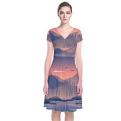 Cool Landscape Night Minimal Art Minimalist Short Sleeve Front Wrap Dress