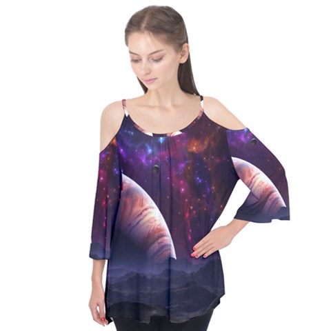 Clouds Fantasy Space Landscape Colorful Planet Flutter Sleeve Tee  by Ravend