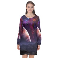 Clouds Fantasy Space Landscape Colorful Planet Long Sleeve Chiffon Shift Dress 