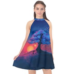 Dark Tree Sunset Landscape Art Halter Neckline Chiffon Dress 