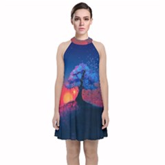 Dark Tree Sunset Landscape Art Velvet Halter Neckline Dress 