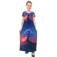 Dark Tree Sunset Landscape Art Kids  Short Sleeve Maxi Dress by Ravend