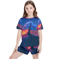 Dark Tree Sunset Landscape Art Kids  Tee And Sports Shorts Set by Ravend