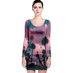 Nature Sunset Sky Clouds Palms Tropics Porous Long Sleeve Bodycon Dress