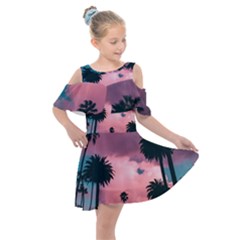 Nature Sunset Sky Clouds Palms Tropics Porous Kids  Shoulder Cutout Chiffon Dress