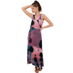 Nature Sunset Sky Clouds Palms Tropics Porous V-neck Chiffon Maxi Dress