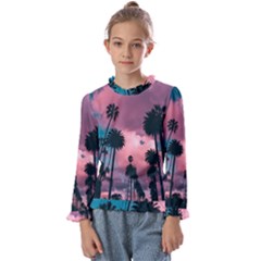 Nature Sunset Sky Clouds Palms Tropics Porous Kids  Frill Detail Tee