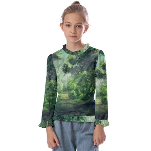 Anime Green Forest Jungle Nature Landscape Kids  Frill Detail Tee by Ravend