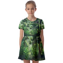 Anime Green Forest Jungle Nature Landscape Kids  Short Sleeve Pinafore Style Dress by Ravend