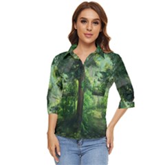 Anime Green Forest Jungle Nature Landscape Women s Quarter Sleeve Pocket Shirt