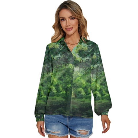 Anime Green Forest Jungle Nature Landscape Women s Long Sleeve Button Up Shirt by Ravend