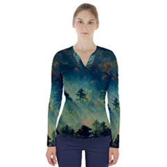 Green Tree Forest Jungle Nature Landscape V-neck Long Sleeve Top by Ravend