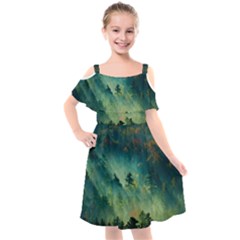 Green Tree Forest Jungle Nature Landscape Kids  Cut Out Shoulders Chiffon Dress by Ravend