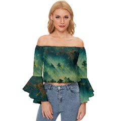 Green Tree Forest Jungle Nature Landscape Off Shoulder Flutter Bell Sleeve Top