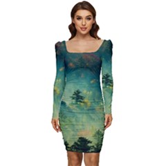 Green Tree Forest Jungle Nature Landscape Women Long Sleeve Ruched Stretch Jersey Dress