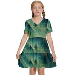 Green Tree Forest Jungle Nature Landscape Kids  Short Sleeve Tiered Mini Dress by Ravend